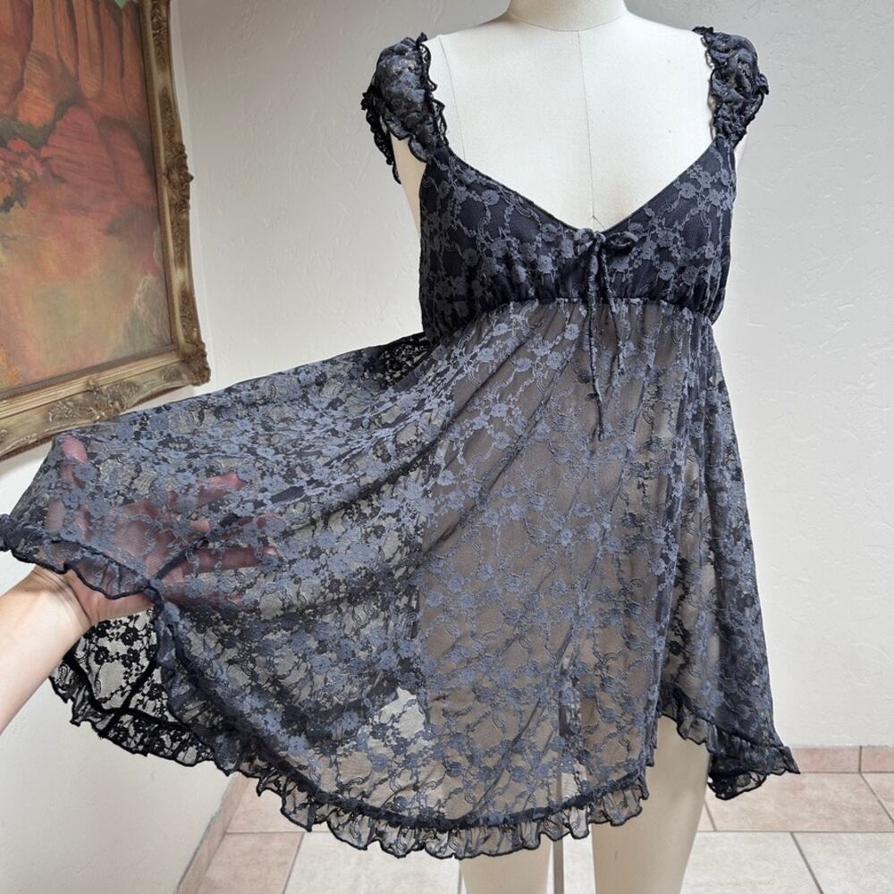 Y2K Sheer Lace Babydoll Mini Slip Dress Dark Fairy Whimsygoth Festival Women L